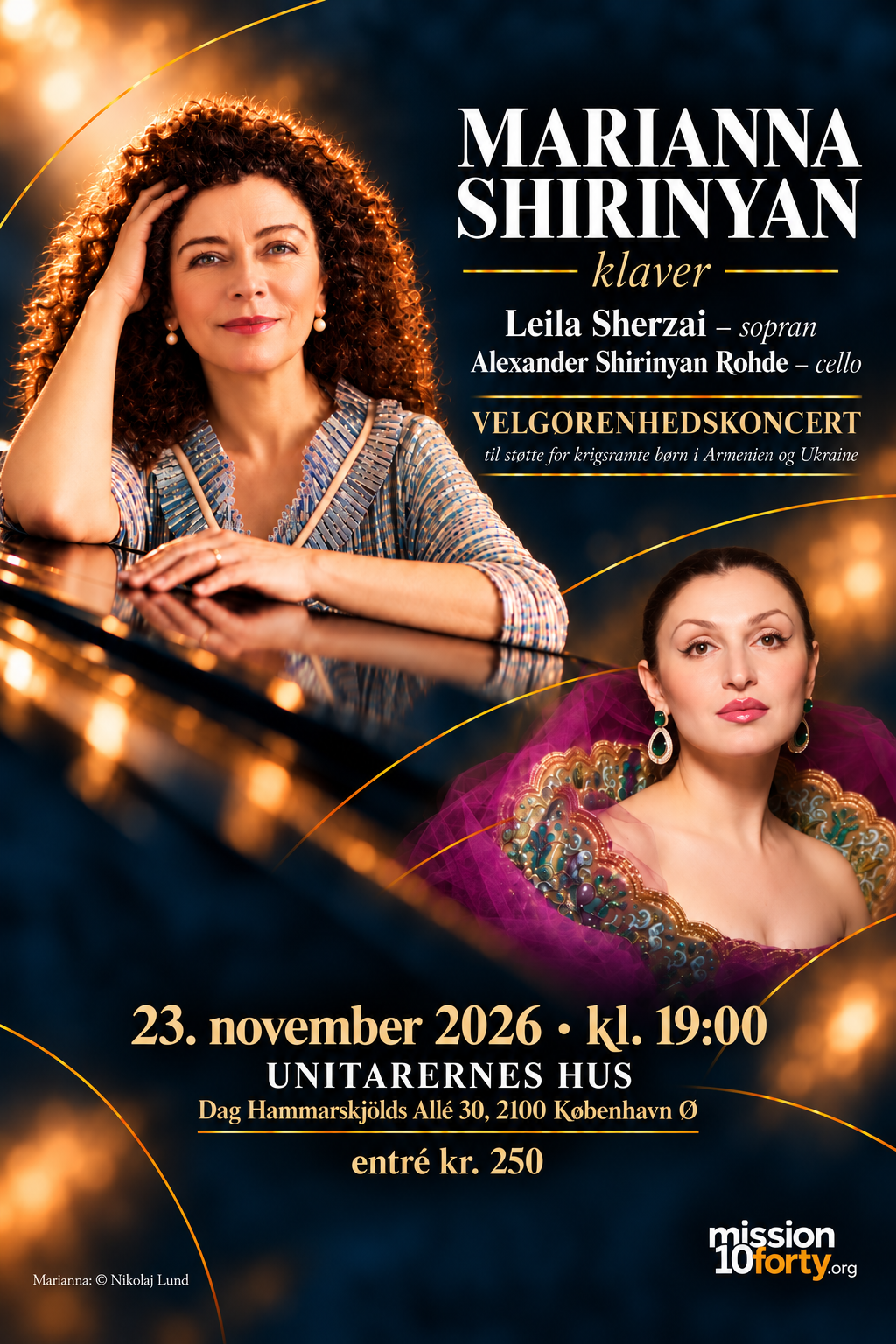 Koncertplakat: Marianna Shirinyan, Leila Sherzai og Alexander Shirinyan Rohde. Unitarernes Hus, København, 23. november 2026 kl. 19.00. Entré 250 kr.
